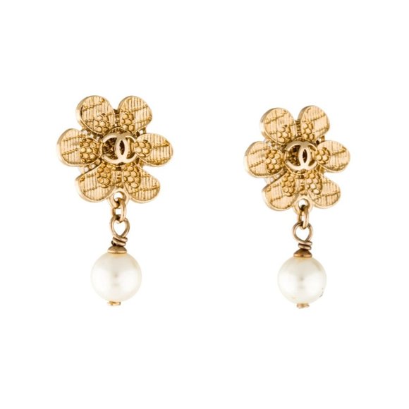 Chanel Faux Pearl Floral CC Drop Gold Tone Earrings - Picture 4 of 6